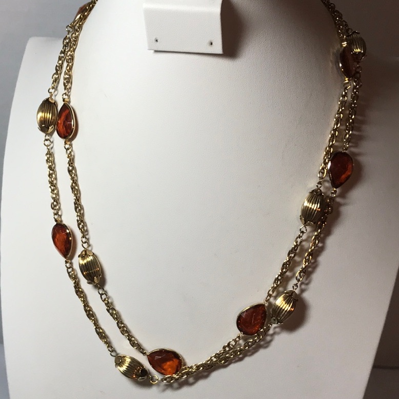Amber Color Necklace Gold Tone Accented Pieces Lobster Clasp